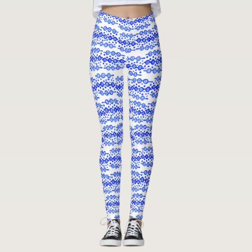 Bold Blue White Batik Circle Block Print Abstract Leggings