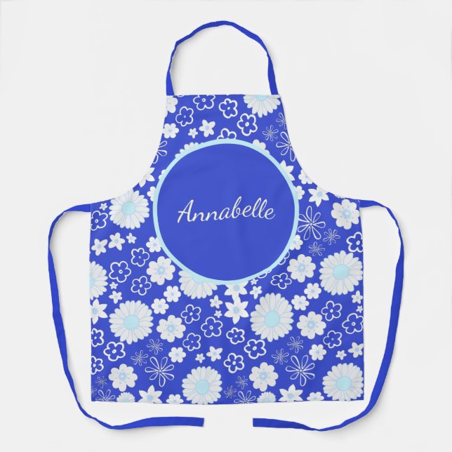 Bold Blue White Flowers Floral Pattern Named   Apron (Front)