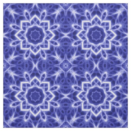 Bold Blue White Glowing Mandala Pattern Print Fabric