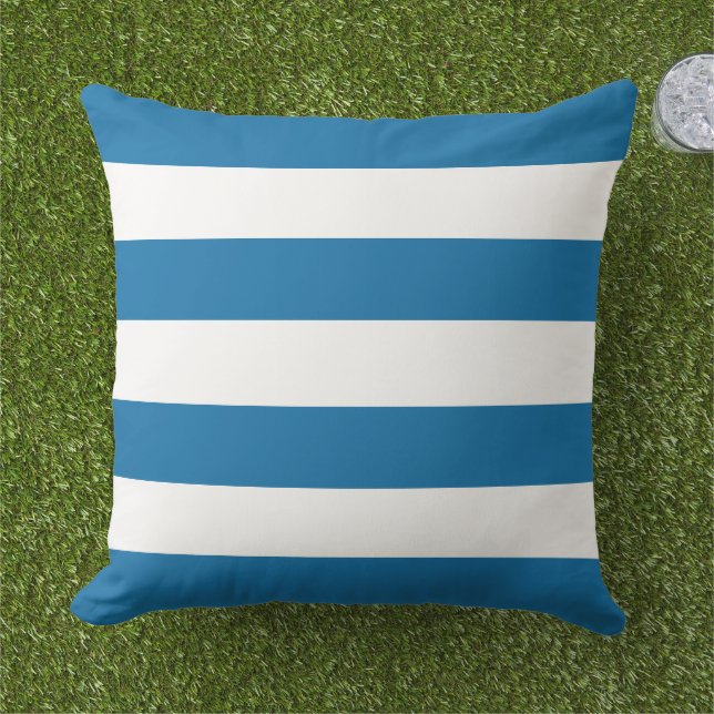 Bold Blue White Wide Horizontal Stripe Outdoor Pillow (Grass)