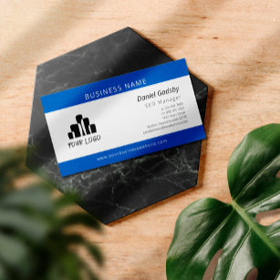 Bold Blue White Your Logo One Sided Business Card