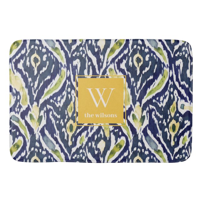 Bold Blue Yellow Abstract Classy Ikat Monogram Bath Mat (Front)