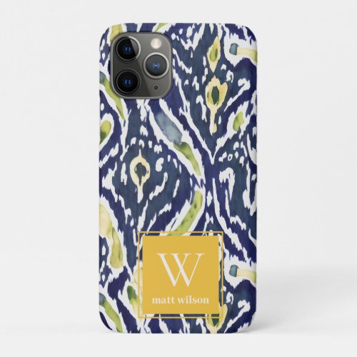 Bold Blue Yellow Abstract Classy Ikat Monogram iPhone 11 Pro Case