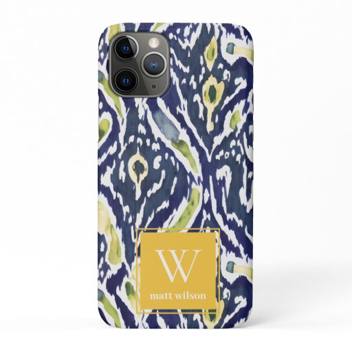 Bold Blue Yellow Abstract Classy Ikat Monogram iPhone 11 Pro Case