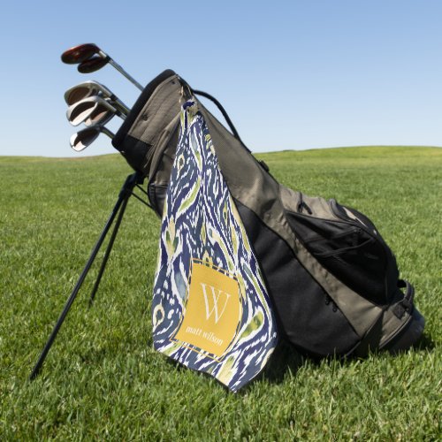 Bold Blue Yellow Abstract Classy Ikat Monogram Golf Towel