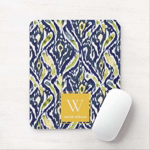Bold Blue Yellow Abstract Classy Ikat Monogram Mouse Pad