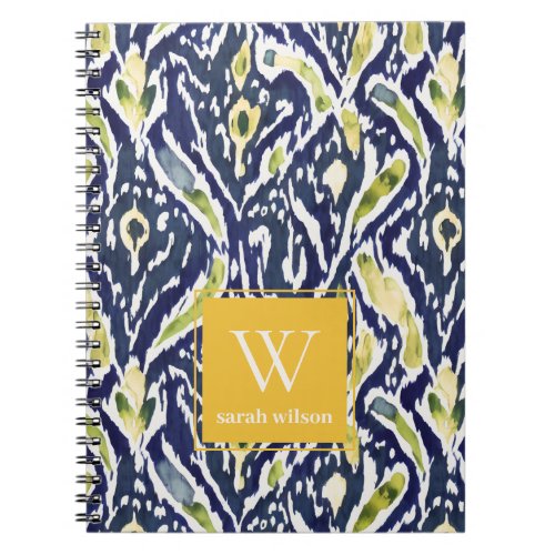 Bold Blue Yellow Abstract Classy Ikat Monogram Notebook
