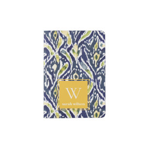 Bold Blue Yellow Abstract Classy Ikat Monogram Passport Holder