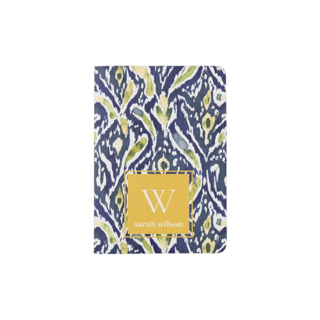 Bold Blue Yellow Abstract Classy Ikat Monogram Passport Holder (Front)