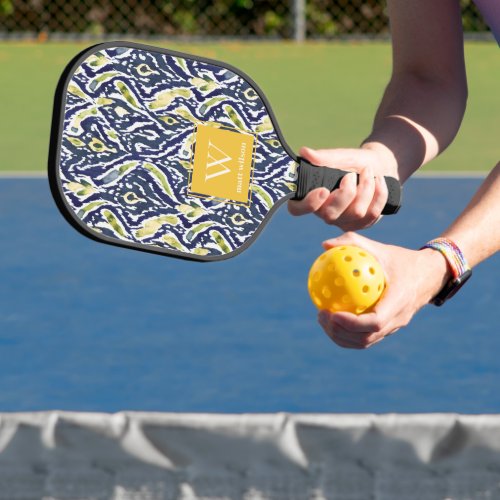 Bold Blue Yellow Abstract Classy Ikat Monogram Pickleball Paddle