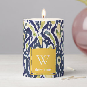 Bold Blue Yellow Abstract Classy Ikat Monogram Pillar Candle