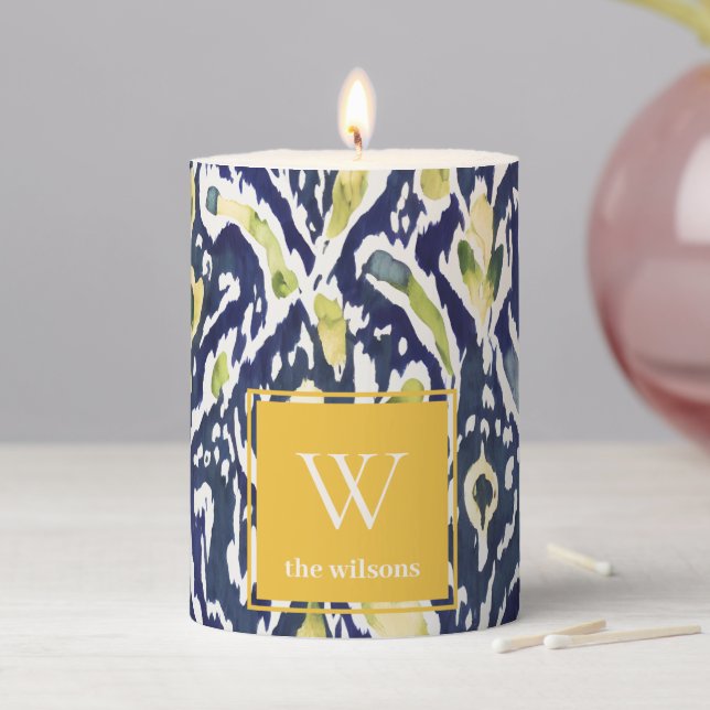Bold Blue Yellow Abstract Classy Ikat Monogram Pillar Candle (In Situ)