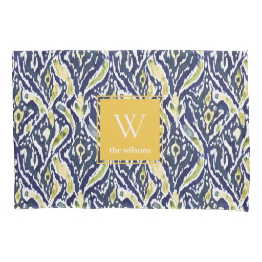 Bold Blue Yellow Abstract Classy Ikat Monogram Pillow Case