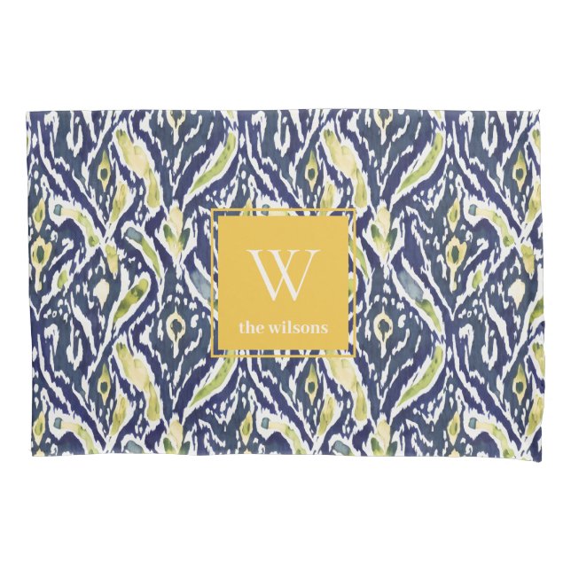 Bold Blue Yellow Abstract Classy Ikat Monogram Pillow Case (Front)