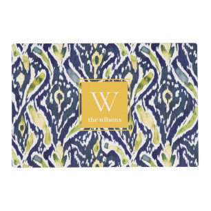 Bold Blue Yellow Abstract Classy Ikat Monogram Placemat