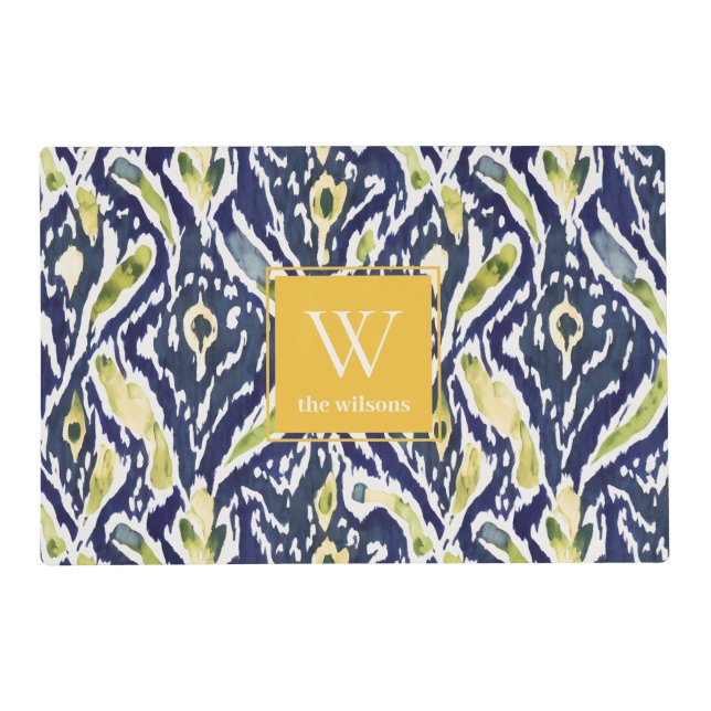 Bold Blue Yellow Abstract Classy Ikat Monogram Placemat (Front)