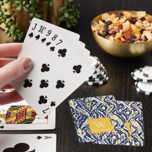 Bold Blue Yellow Abstract Classy Ikat Monogram Poker Cards