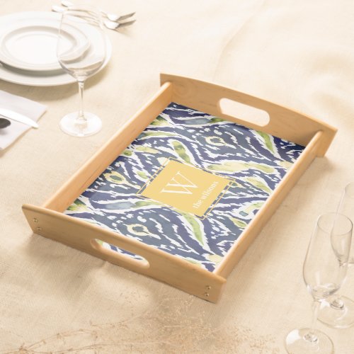 Bold Blue Yellow Abstract Classy Ikat Monogram Serving Tray