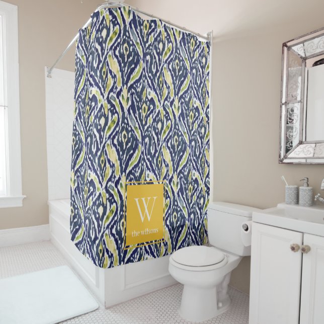 Bold Blue Yellow Abstract Classy Ikat Monogram Shower Curtain (In Situ)