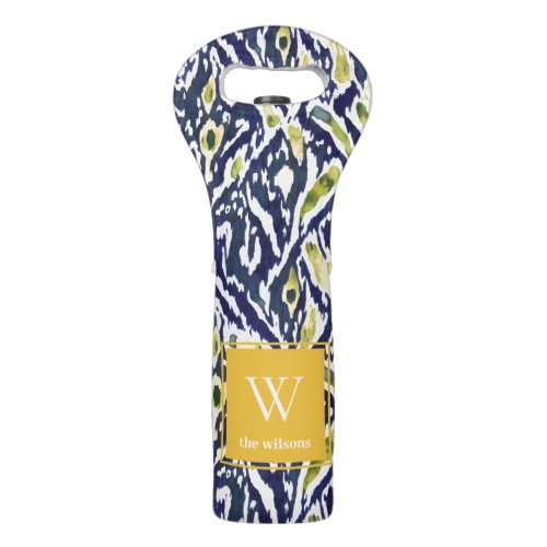 Bold Blue Yellow Abstract Classy Ikat Monogram Wine Bag