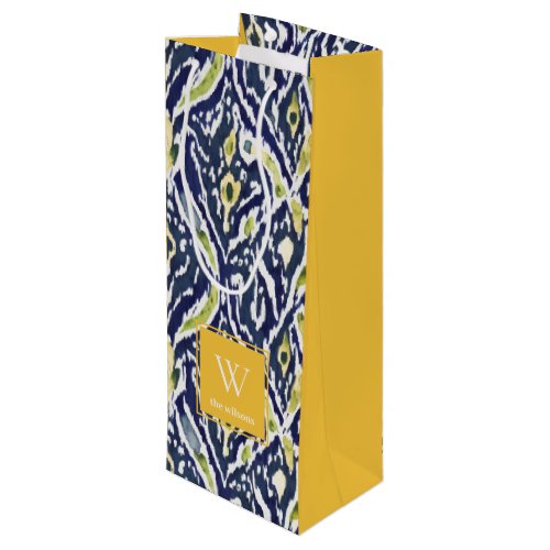 Bold Blue Yellow Abstract Classy Ikat Monogram Wine Gift Bag