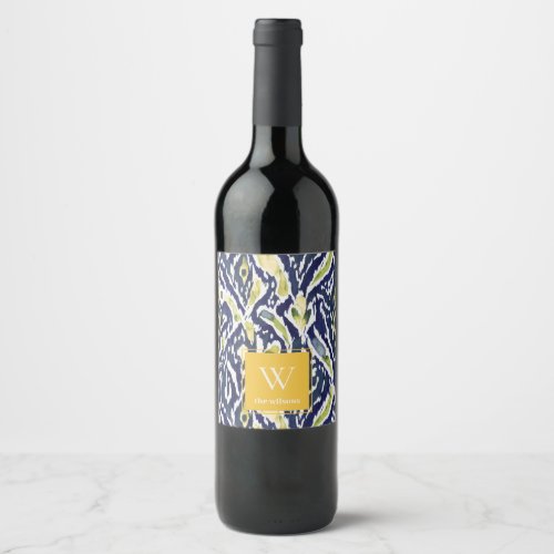 Bold Blue Yellow Abstract Classy Ikat Monogram Wine Label