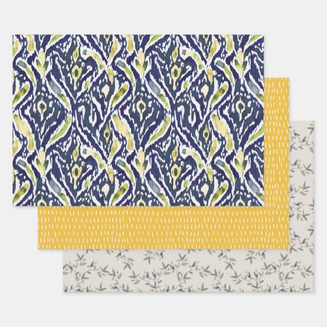 Bold Blue Yellow Abstract Classy Ikat Pattern Wrapping Paper Sheets (Set)