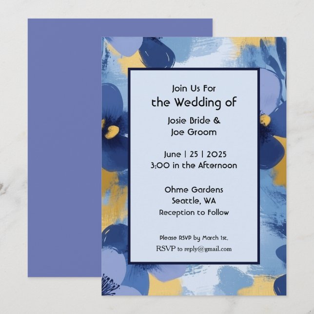 Bold blue yellow wildflowers wedding invitation (Front/Back)