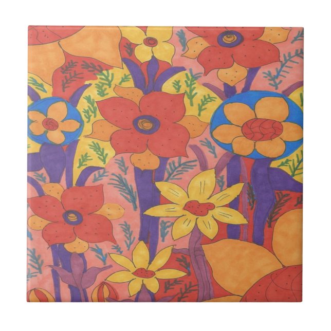 Bold Bohemian Orange Garden Print Ceramic Tile (Front)