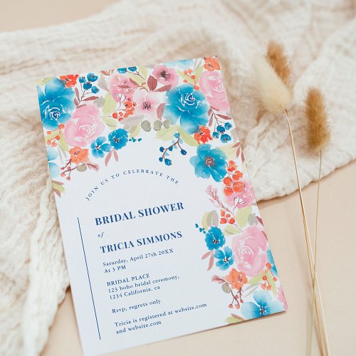 Bold Boho blue pink wild floral arch bridal shower Invitation