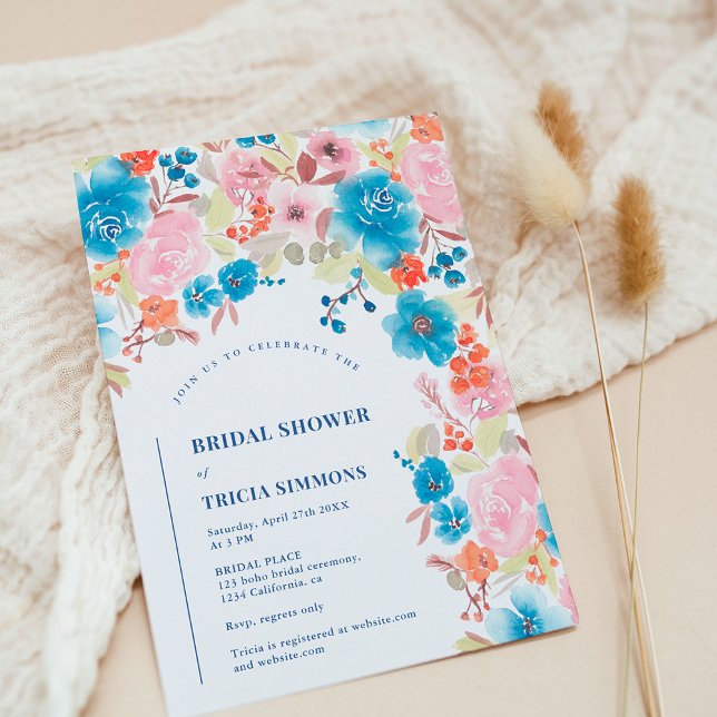 Bold Boho blue pink wild floral arch bridal shower Invitation (Bold Boho blue pink wild floral arch bridal shower Invitation)