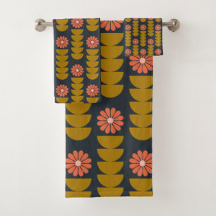 Bold Boho Botanical Geometric Blue Gold Bath Towel Set