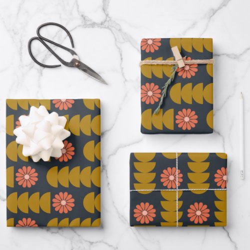 Bold Boho Botanical Geometric Blue Gold Wrapping Paper Sheets