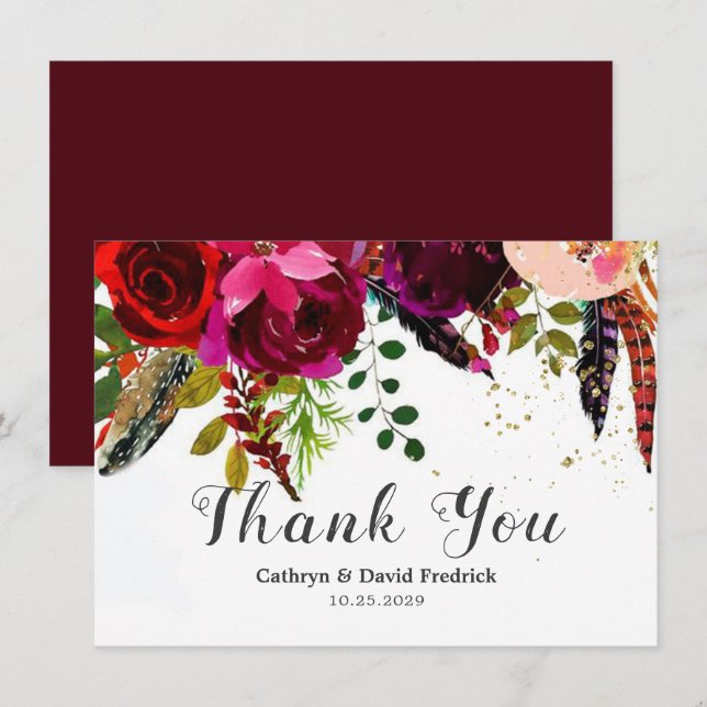 Bold Boho Burgundy Floral Wedding Flat Thank You Card (Front/Back)