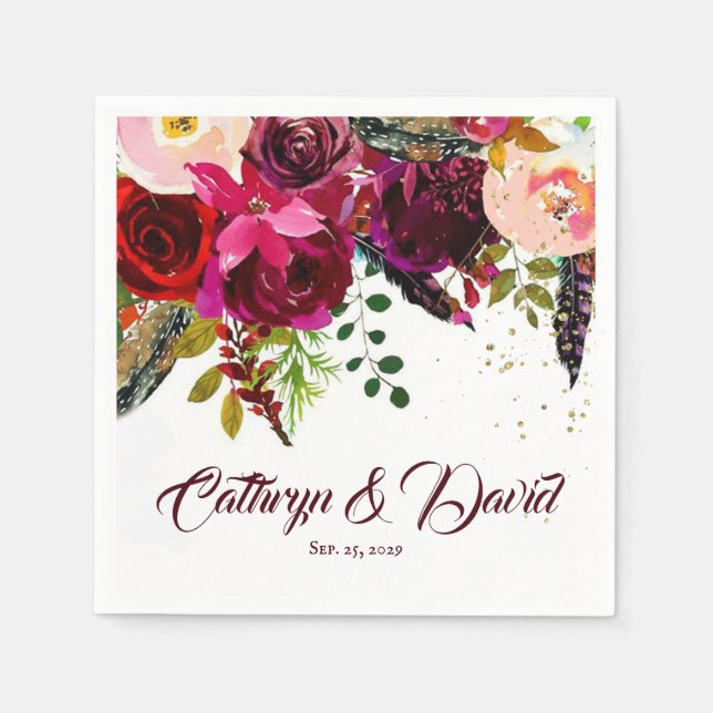 Bold Boho Burgundy Floral Wedding Personalized Napkins (Front)