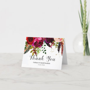 Bold Boho Burgundy Floral Wedding Thank You Card
