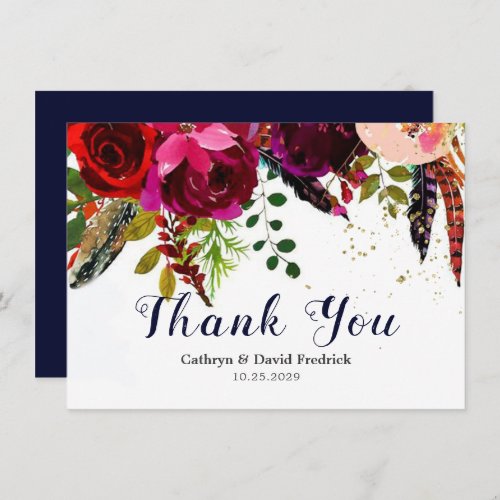Bold Boho Burgundy Navy Floral Wedding Flat Thank You Card