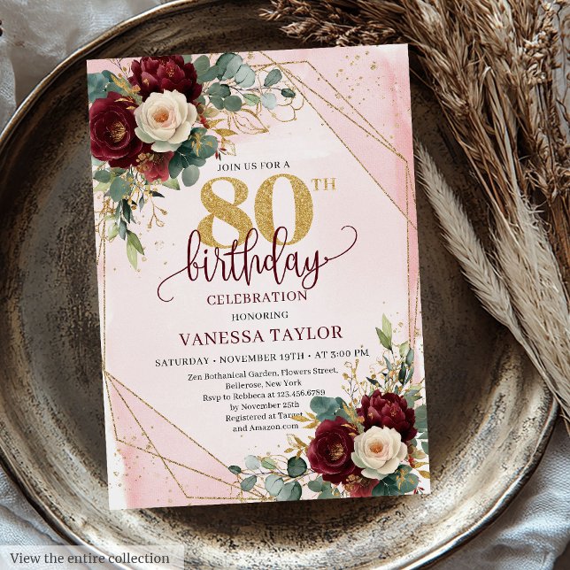 Bold Boho Deep Red Gold Flowers 80th Birthday  Invitation (Bold Boho Deep Red Gold Flowers 80th Birthday Invitation)
