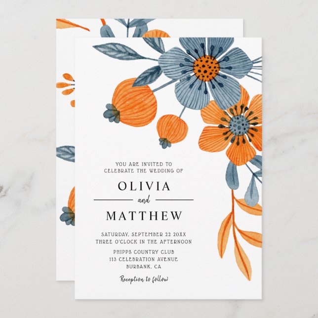 Bold Boho Floral Orange Blue Wedding Invitation (Front/Back)