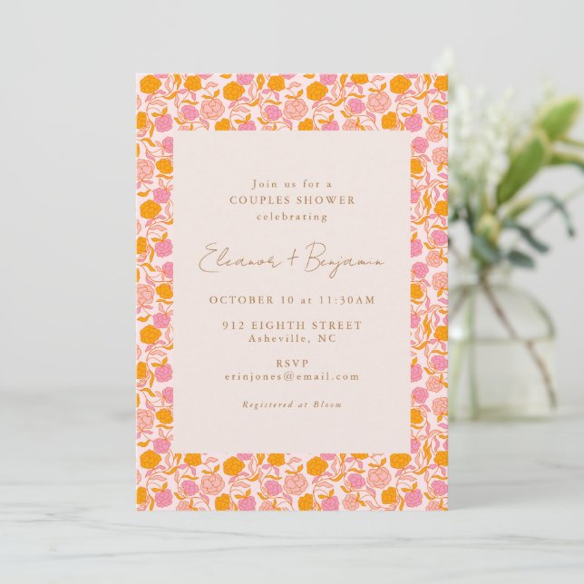 Bold Boho Pink Orange Retro Floral Couples Shower Invitation (Standing Front)