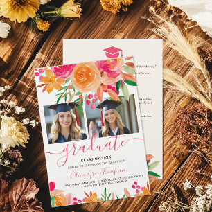 Bold Boho Watercolor Floral 2-Photo Graduation Invitation
