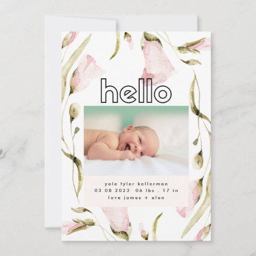 bold boho wildflower pink girl hello baby birth announcement