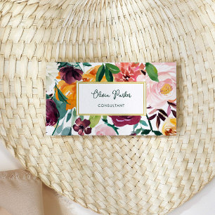 Bold Bouquet Colorful Flowers and Gold Business Card