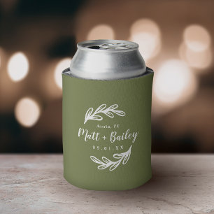 Bold Branch Wedding Monogram   Olive Green Can Cooler