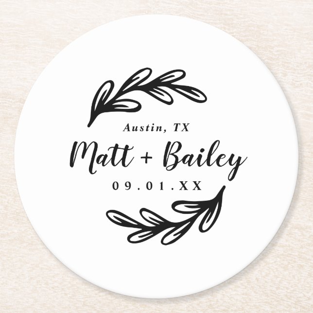 Bold Branch Wedding Monogram Round Paper Coaster (Front)