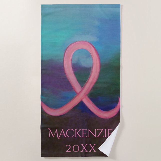 Bold Breast Cancer Awareness Pink Ribbon Abstract Beach Towel (Front)