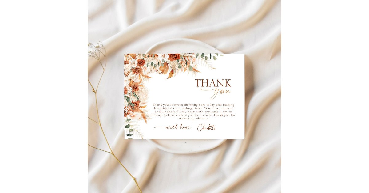 Bold Bright Boho Terracotta Bridal Shower Thank You Card | Zazzle