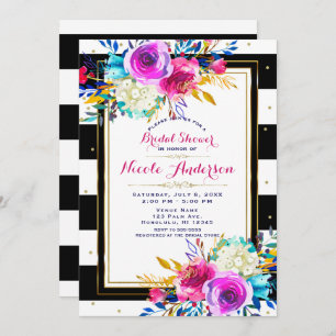 Bold Bright Colorful Floral Black & White Stripes Invitation