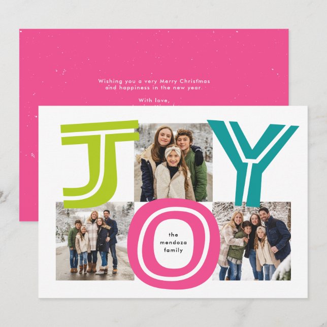 Bold bright colorful joy three photo Christmas Holiday Card (Front/Back)