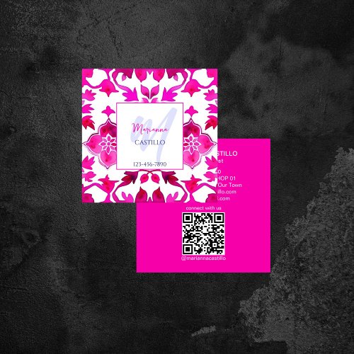 Bold bright colorful unique pink template qr square business card